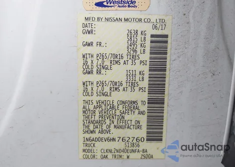 2017 Nissan Frontier Sv z USA, uszkodzony, nr VIN 1N6AD0EV6HN762760